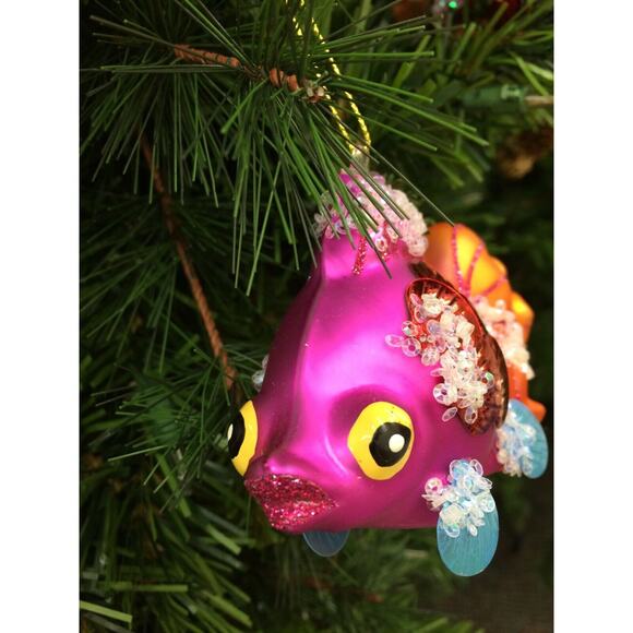 Glass Kissing Fish Pink Red Orange Christmas Tree Ornament Beaded NEW - Picture 3 of 4